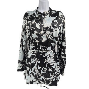 Simply Vera Wang Womens Tunic Blouse Black Blue Long Sleeve Button Neck Size M